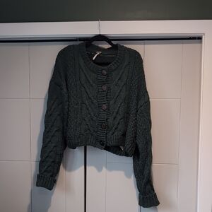 Free People Dark Green Cable Knit Cardigan